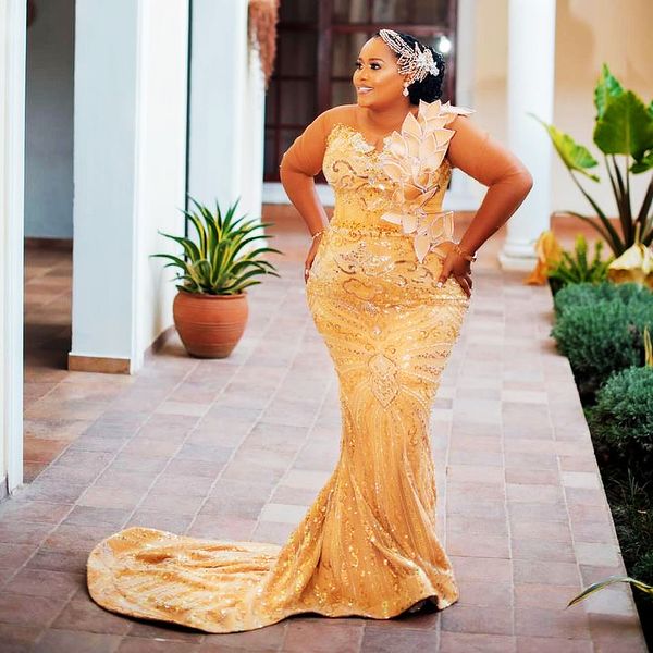 ASO EBI 2024 GOLD BLORAMS MERMAid Prom Kleider Perlen Pailletten Spitzenabend Party formelle Empfangsgeburtstagsgebühr Promdresskleider LF042