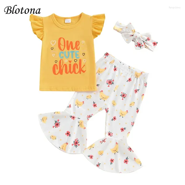 Kleidungssets Blotona Baby Girl 2pcs Sommer-Outfits Ärmel T-Shirt Tops Hühnerabdruck Flare Hosen Set Kleinkind Casual Clothes 6m-4y