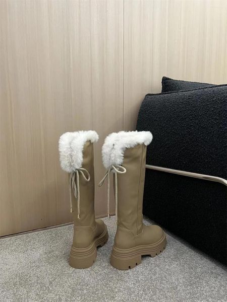 Botas de solas grossas e neve de lã, mas a versão coreana do joelho de salto grossa de outono-inverno-inverno retro para mulheres