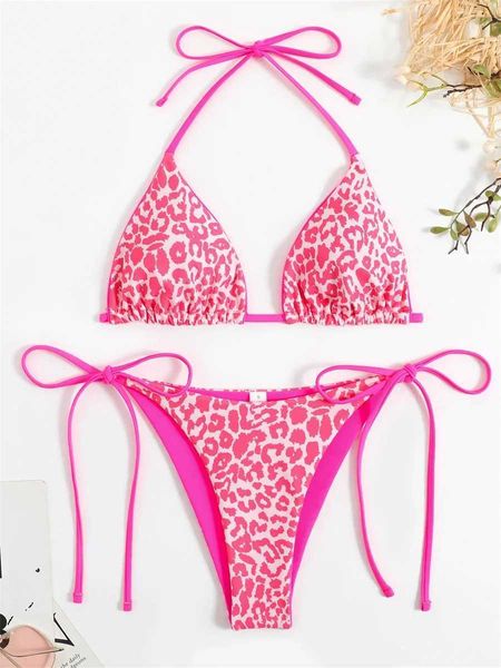 Mini Biquíni Sexy Mini Biquíni 2024 Prinha de leopardo rosa feminina Luz de push up de roupas de banho brasil de praia Brazia