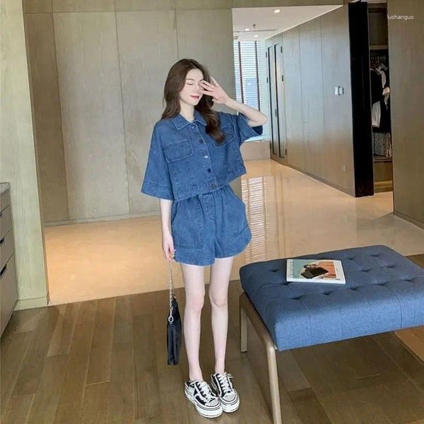 Kadın Ceketleri 2024 Yaz Takım Kore gevşek denim ceket kısa pantolon iki parça set kadınlar için jean manşon ceket