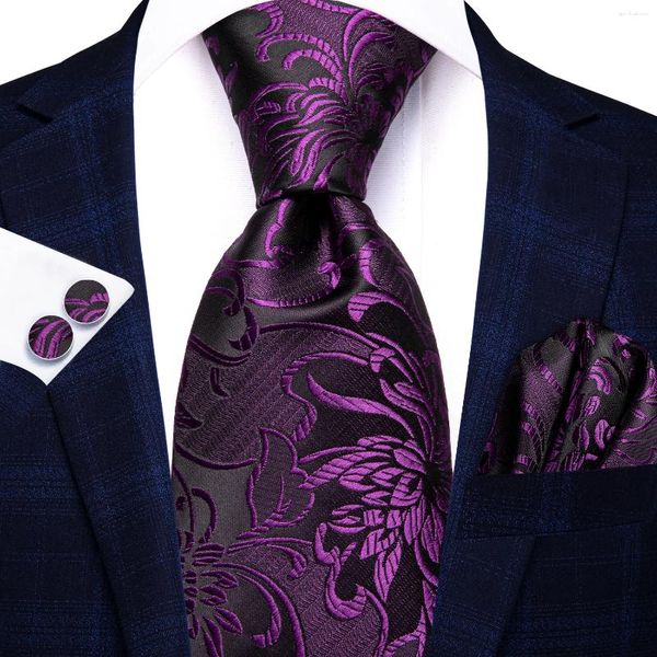 Bow Binds Hi-Tie Floral Designer lila schwarze elegante Männer Binde Jacquard Krawatte Accessoire Cravat Hochzeitsgeschäftsparty Hanky Cufflink