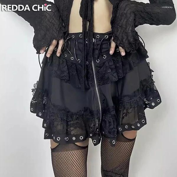 Юбки Reddachic Gothic Lolita кружевная пейзажная юбка для жесткой юбки женщины черное панк-кольцо на молнии развязки рюши