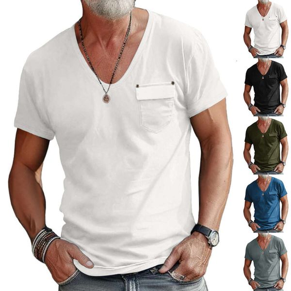 2024 Sommer Mode Slim Fit U-Neck T-Shirt Casual Vielseitige Farbe Henry Shirt kurzärmelig Männer M514 26