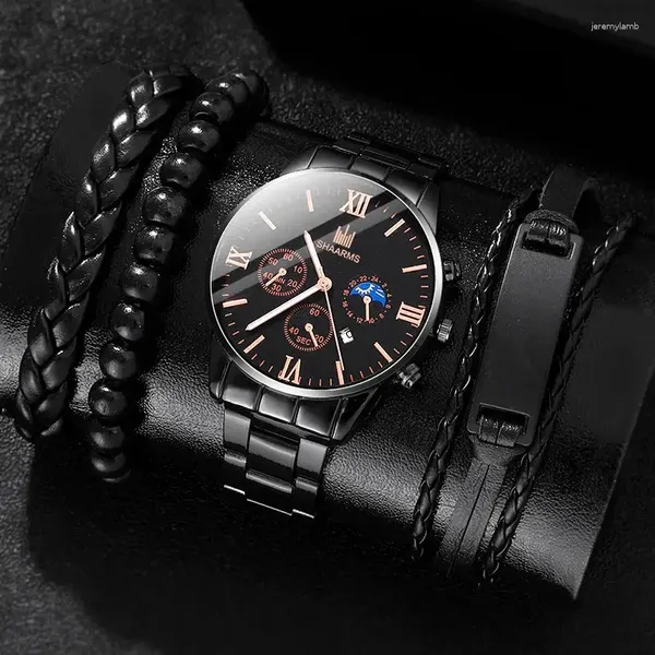 Armbanduhren Black Watch for Men Fashion Business Calender Quarz Handgelenk Luxus Edelstahl Casual Sports Uhr Männliche Uhr