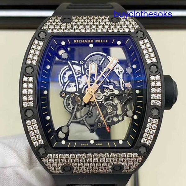 Lastest RM Wrist Watch RM055 Série de relógios mecânicos automáticos Full Hollow RM055 NTPT FIBRO DE CARBON