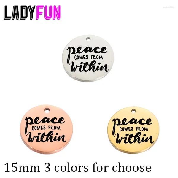 Charms 5pcs Frieden kommt aus dem Charm Edelstahl Laser -Logo Yoga High Polish Spiegel Anhänger 15mm