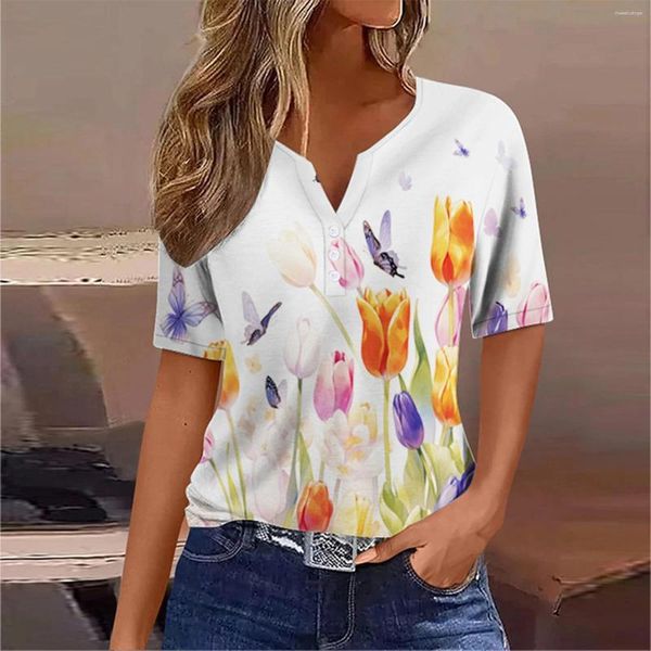 Vestidos de camiseta femininos para mulheres para mulheres 2024 V Botão de pescoço para baixo de manga curta Butterfly Floral Print Sweetshirt Vendas