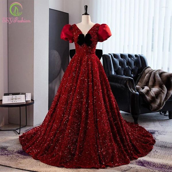 Partykleider Clearance Sale Luxus Red Pailletten Abendkleid für Frauen Puffärmel A-Line glitzernde Perlen-Prom-formelle Kleider Vestido