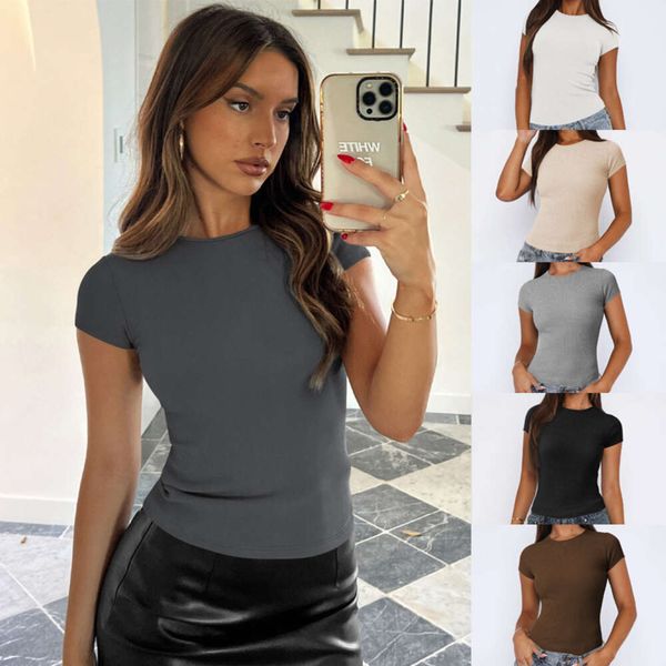 2024 Neue amerikanische Modemarke Solid Color Ripped Kurzärmelig T-Shirt Frauen Sommer Y2K Kleidung Strickhemd Schlankes Fit würziges Mädchen Top F51423