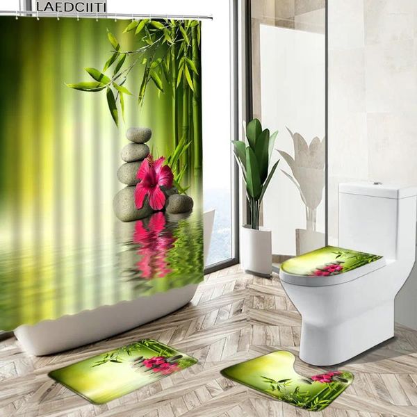 Tende doccia a tema zen spa set da bagno verde fiori di pietra di bambù acqua acqua non slitta