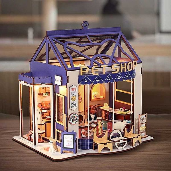 Arquitetura/DIY House Pet Shop 3D Puzzle Mini Doll House Kit Modelo Modelo Vista de rua Diy Toys Toys em casa Decoração de decoração