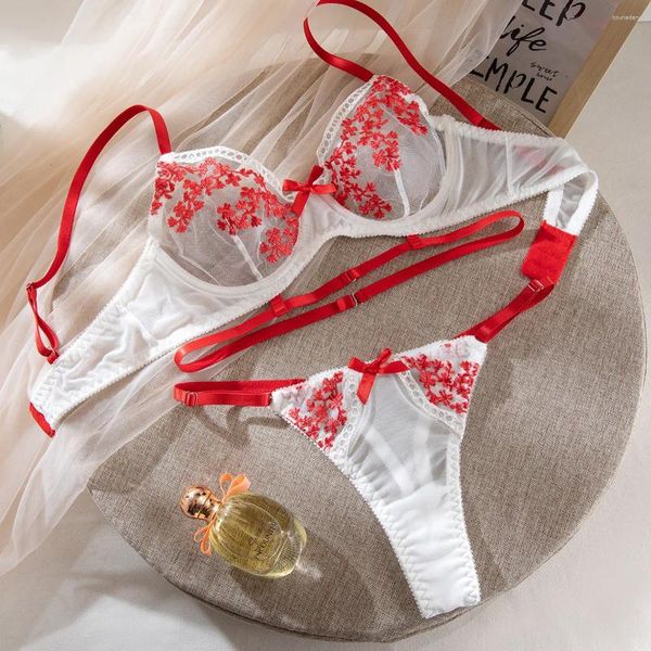 BHs setzt sexy Unterwäsche Frauen transparente florale Dessous -Set erotische Push -up und Höschen bestickte 2 Stücke.