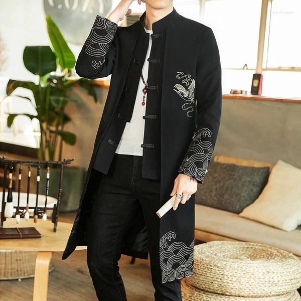 Ethnische Kleidung 2024 Chinesischer Stil Langer Windbreaker Jacke Herren Streetwear Hip Hop Vintage Kimono Mantel Tang Anzug 30689