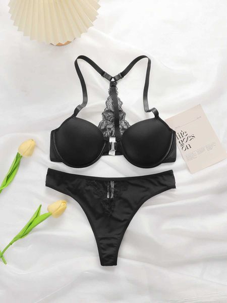 BHS-Sets sexy schwarze Patchwork-Spitzen-Dessous mit Frontknopf Womens Push Up BH präsentieren Ihren schönen Rücken 2-teiligen J2508 Y240513