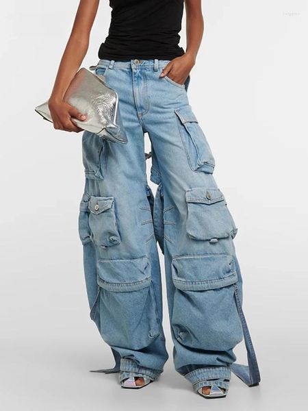 Botão de retalhos de jeans feminino solto para mulheres com cintura alta Prokets Hollow Out Long Length Pant Feminino Moda Feminina
