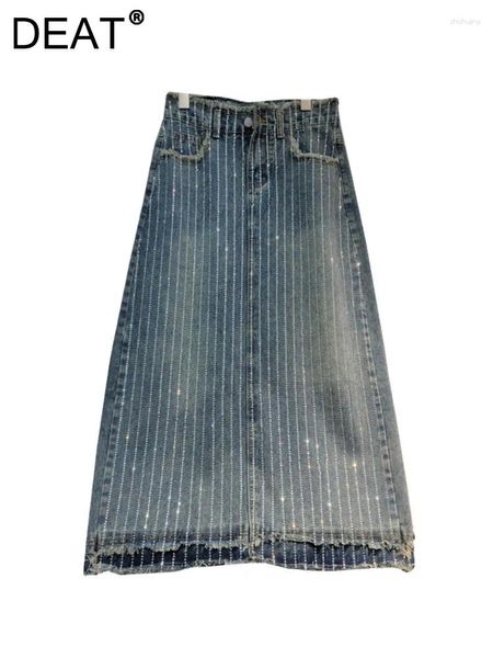 Röcke Damen -Denimrock -Rock High Stripes Diamant Strass gewaschene blaue Split Burrs Long 2024 Sommer Mode 29L6142