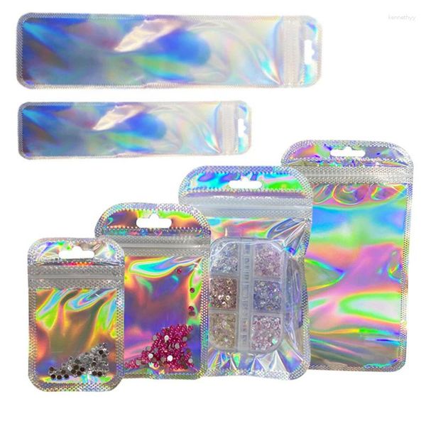 Bolsas de jóias 50pcs a laser Iridescente Bolsa de trava de zíper transparente Espurar sacos de opção de auto -seleção para brincar com pacote