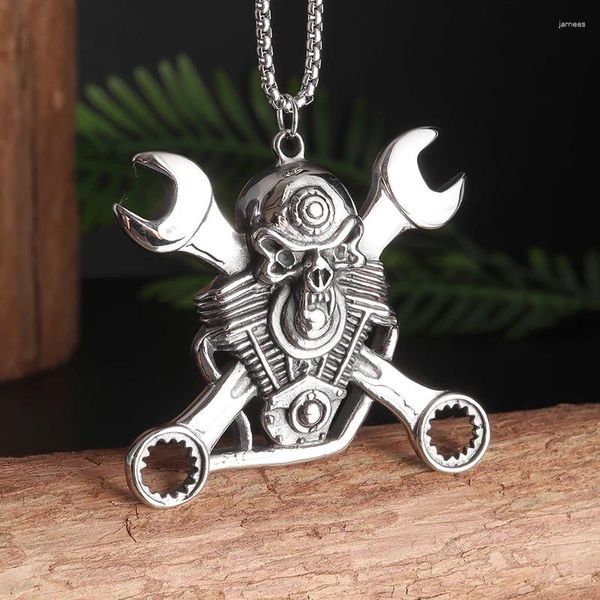 Anhänger Halsketten Retro Gothic Mechanical Wrench Gear Schädel Edelstahl Halskette für Männer personalisiertes Fahrrad -Punk -Schmuck Geschenk