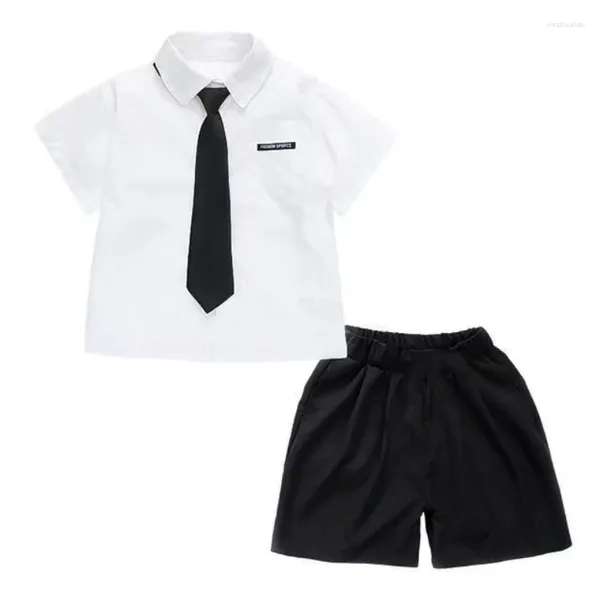 Roupas de roupas adolescentes meninos de verão conjunto infantil desgaste 2024 bonito estilo britânico garoto de algodão branco de manga curta short preto gravata gravata