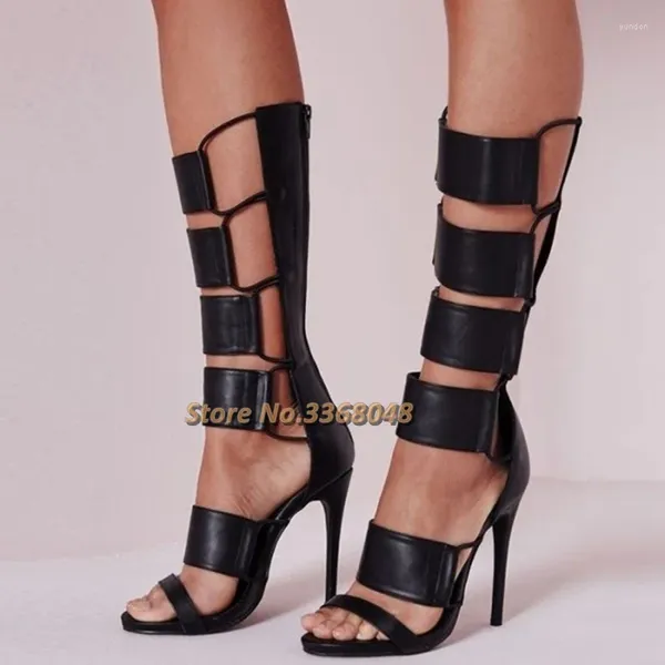 Botlar Siyah Stiletto Topuklu Strappy Diz Yüksek Gladyatör Sandalet Fermuar Kesim İçi Boş Yaz Roma İnce Topuk Sandal Boot