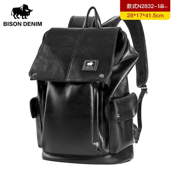 Backpack Bison jeans de grande capacidade masculino de couro pu da mochila saco de viagem masculino preto laptop de 15 polegadas para adolescentes