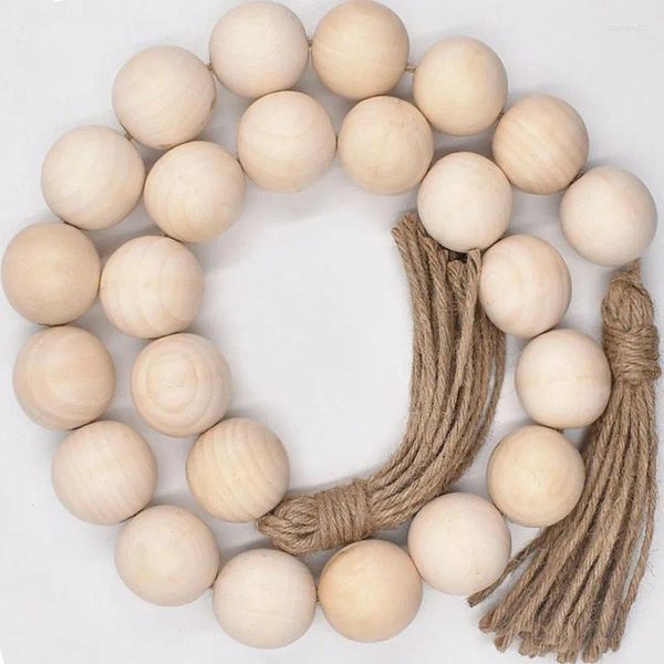 Estatuetas decorativas 4cm Big Farmhouse Wood Bead Garland com borlas Decoração rústica do país oração boho