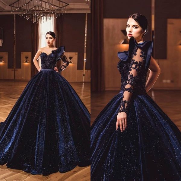 2022 Navy Velvet Ballkleid Quinceanera Kleider Langes Caftan -Party Kristalle Perlenkleider Vestidos Formen Dubai Kleid C0620x08 2489