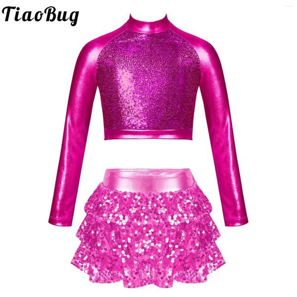 Set di abbigliamento per bambini ragazze luccicanti paillettes metalliche jazz danza performance outfit finti colture a maniche lunghe con arruffato culotte