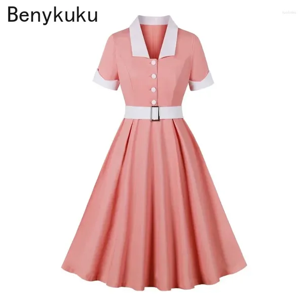 Parti Elbiseleri Düğmesi Up 40s 50s Vintage Style Pleated 2024 Beyaz Yaka% 95 Pamuklu Kadın Giysileri Retro Bayanlar Zarif Pembe Elbise