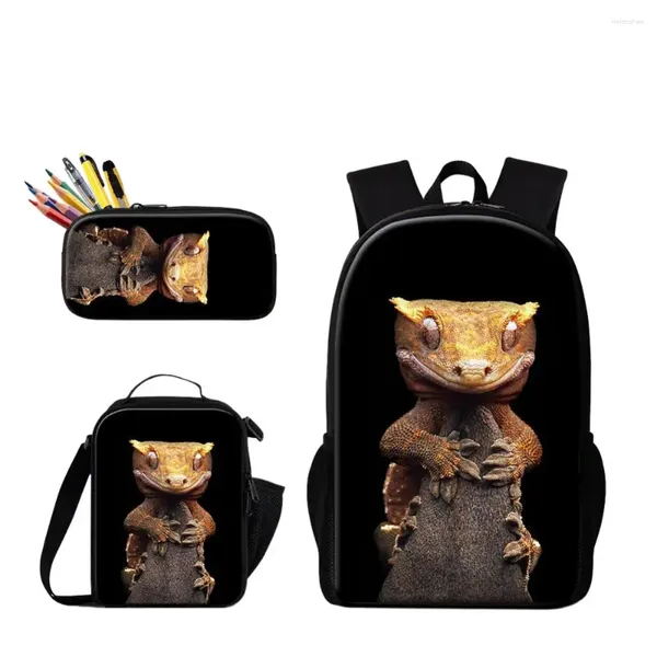 Bolsas escolares 3 PCs Caixa lápis Conjunto de alimentos para piquenique Lizard Lizard Animal Printing School School Boys Fashion Bagpack Children Bolsa personalizada