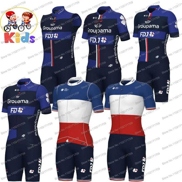 Rennsets Kinder 2024 FDJ Team Radsporttrikot -Set Jungen und Mädchen Langarm -Fahrradkleidung Winter Thermals Fahrradhemd Anzug MTB Ropa