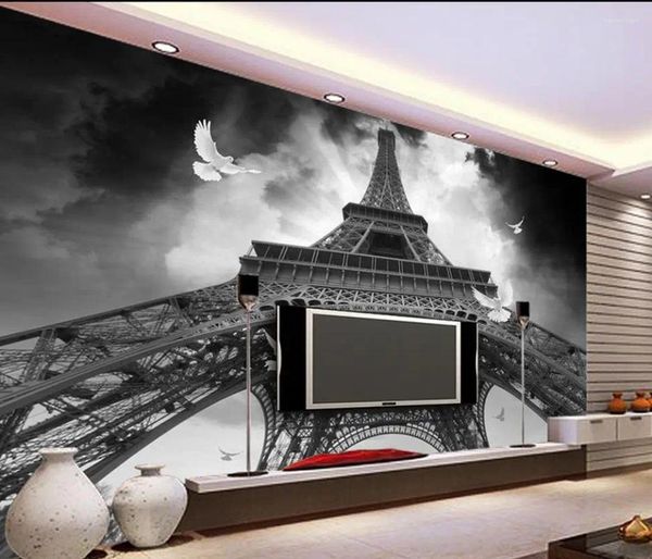 Papéis de parede Tower Pigeon TV Backdrop Black and White Modern Living Room 3D Papel de parede estereoscópica