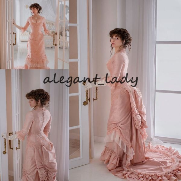 Peach Pink Gothic Prom Anlass Kleider mit Langarm 2021 Schnür-up Corset Trubel Rock Seiden viktorianische Abendkleider 298v