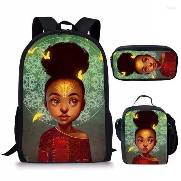Bolsas escolares Hip Hop Harajuku Garotas africanas engraçadas 3pcs/set backpack 3d imprimir estudante bookbag Travel Laptop Daypack Lunch Case de lápis