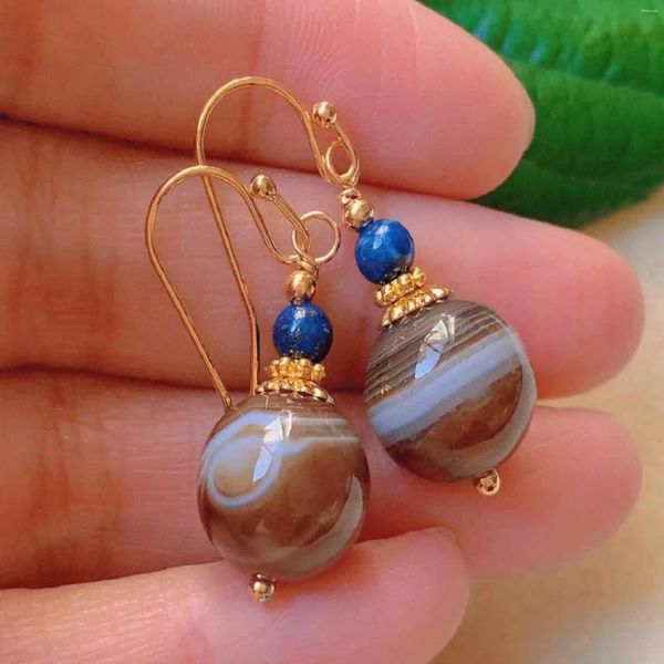 Orecchini penzolanti Fashion Brown Round Banded Agate Lapis Lazuli Bead Gold Clip-on Overyday Office Gemstone Drop Platinum Wedding Silver