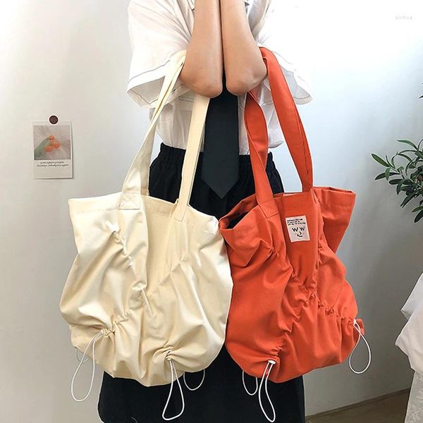 Umhängetaschen Einfache Frauen Großkapazität Handtasche Drawschnell-Falten-Design Damen Casual Tasche Girls College Style Canvas