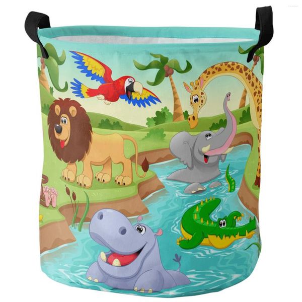 Çamaşır çantaları karikatür hayvan ormanlık hayvanat bahçesi zürafa aslan fil katlanabilir sepet büyük kapasiteli su geçirmez organizatör çocuk oyuncak depolama çantası