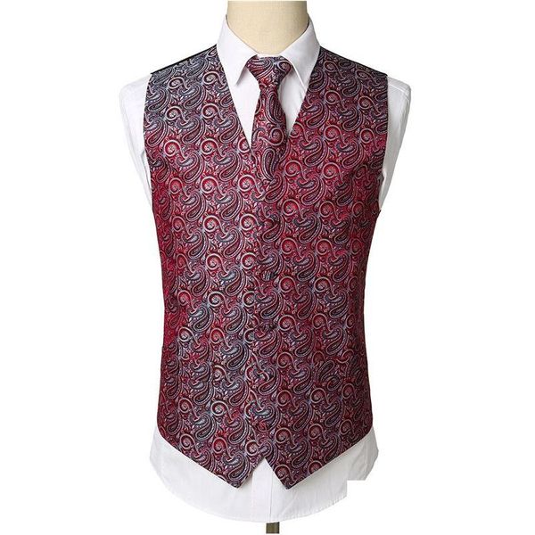 Herrenwesten Wein Red Paisley Tuxedo Weste Set Party Weddingcoat Taschentuch Krawatte Blumener Jacquard Pocket Square Anzug Dro Dhrwm