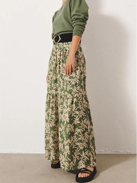 Röcke Frauen Reißverschluss Langer Rock Bambusblattdruck mit mittlerer Kälte hoher Taille Retro A-Line Mode Damen 2024 Herbst