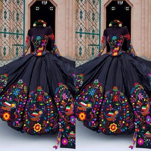 2023 Винтажные длинные рукава платья Quinceanera в мексиканском стиле warro off плеч цветы вышитые атласные шнурки с мячом выпускной