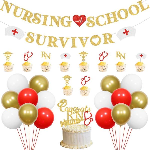 Decoração de festas decoração de graduação Escola de enfermagem Sobrevivente Banner Parabéns RN Bolo Toppers Balão de Latex para o Dia das Enfermeiras