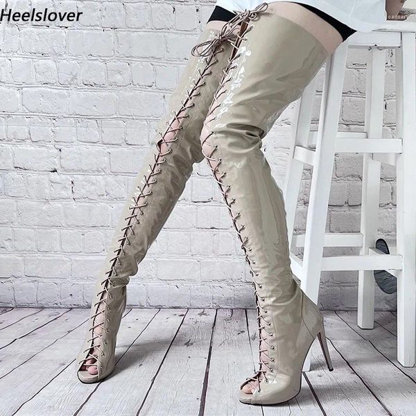 Stiefel Ahhlsion Ankunft Frauen Frühling Oberschenkel Schnürung Stiletto Heels peep toe schöne nackte Partyschuhe Damen US-Größe 5-20