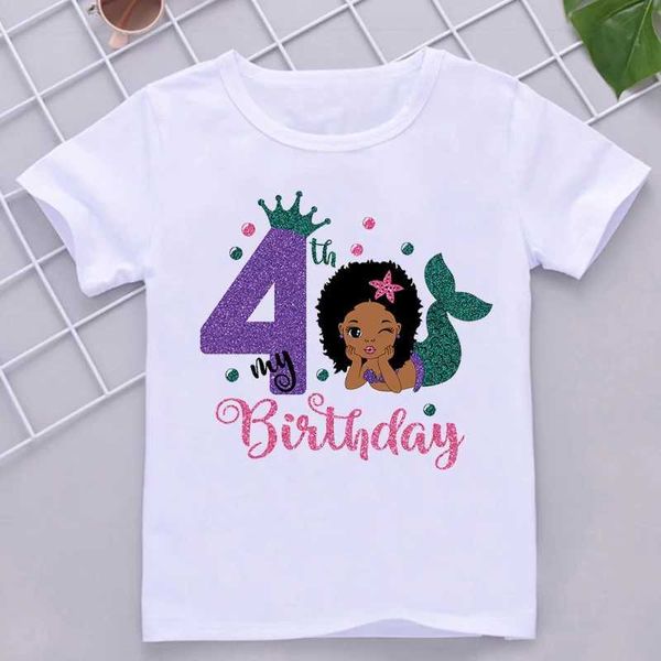 T-Shirts Kawaii Meerjungfrau Schwarze Mädchen Zahlen mein 2-9. Geburtstag T-Shirt Kinder Kleidung Mädchen T-Shirt Harajuku Kurzarm T-Shirts Tees Top T240513