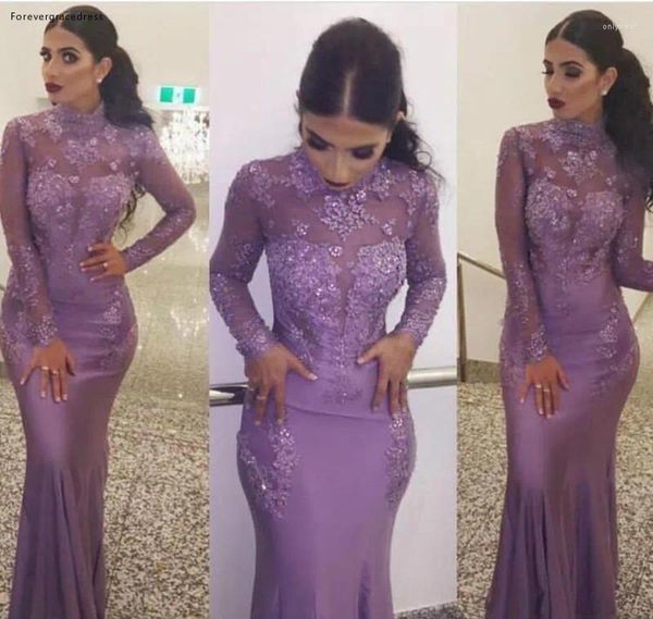 Abiti per feste 2024 Arrivo Lavender Long Maniche Abito da sera Appliques Illuso illusione Formale Abito da ballo da ballo Plus size