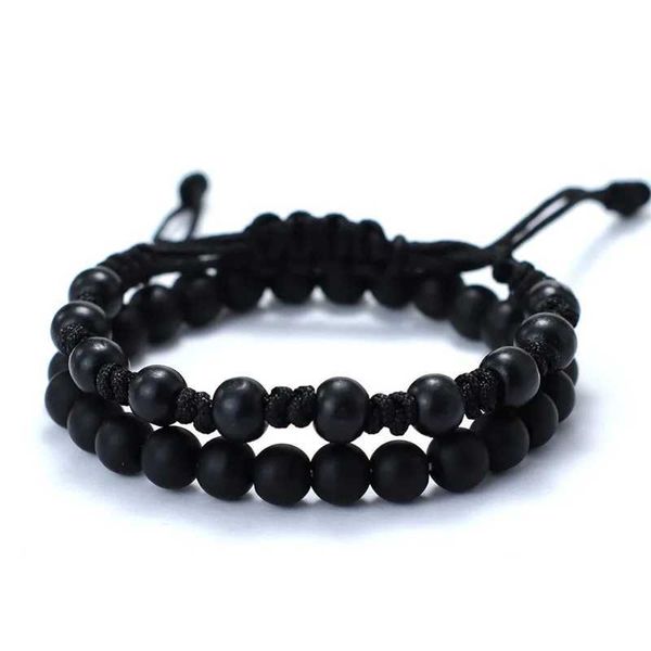 Bracelets de charme 2pcs/par Men Bracelet Conjunto de 8mm Onyx Tiger Eyes Stone Bra -Braslet de madeira natural Homme Weaven Rope Brazalete Pulseira Hombre Y240510