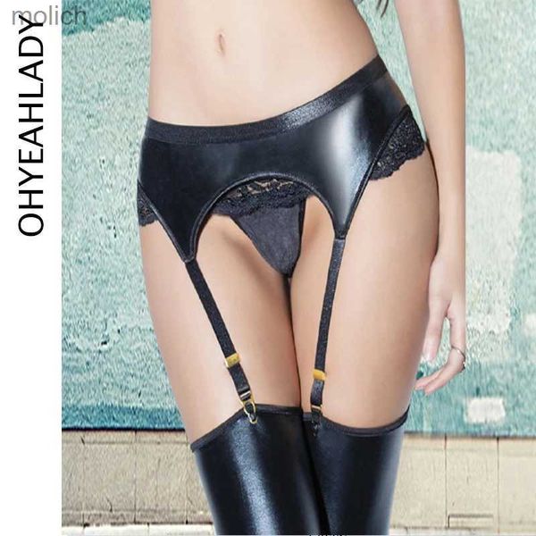 Garotas ohheahlady Artificial Leather Teto Conjunto de teto sexy Cinturão alta usada para meias pingente preto Conjunto de roupas íntimas elásticas de látex WX