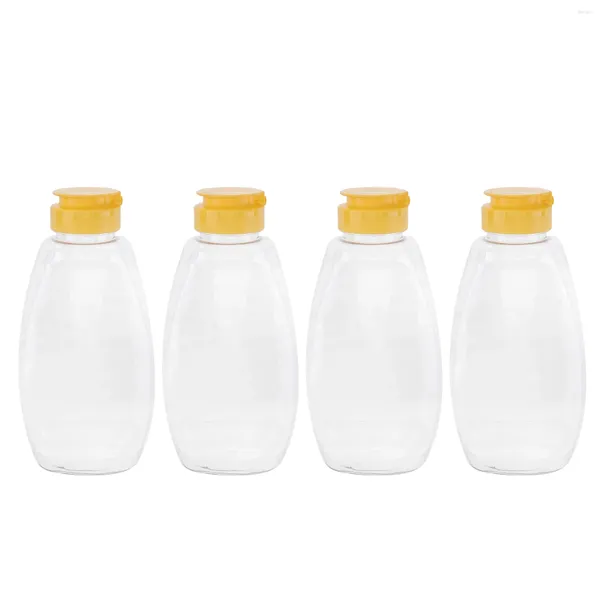 Lagerflaschen 4PCS Transparent Plastik Honigflasche Lebensmittelverpackungsglas mit Deckelmarmarning für Zuhause (500 g Glas