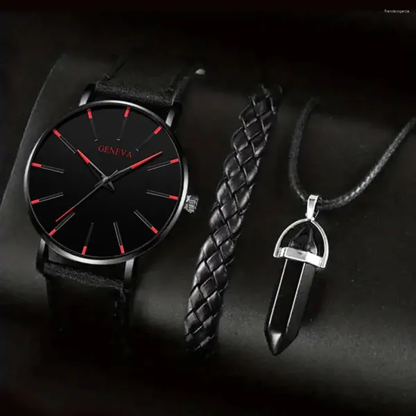 Orologi da polso 3 pezzi di moda maschile semplici componi rossi mani al quarzo orologio in pelle di lusso in pelle regalo ideale scelta