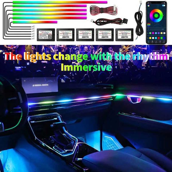 Luzes decorativas Carros de acrílico ambiente Ambiente Controle de aplicativo sem fio LED Interior Automóvel Acessórios universais Lâmpadas coloridas faixa 64 RGB 14 em 1 T240509